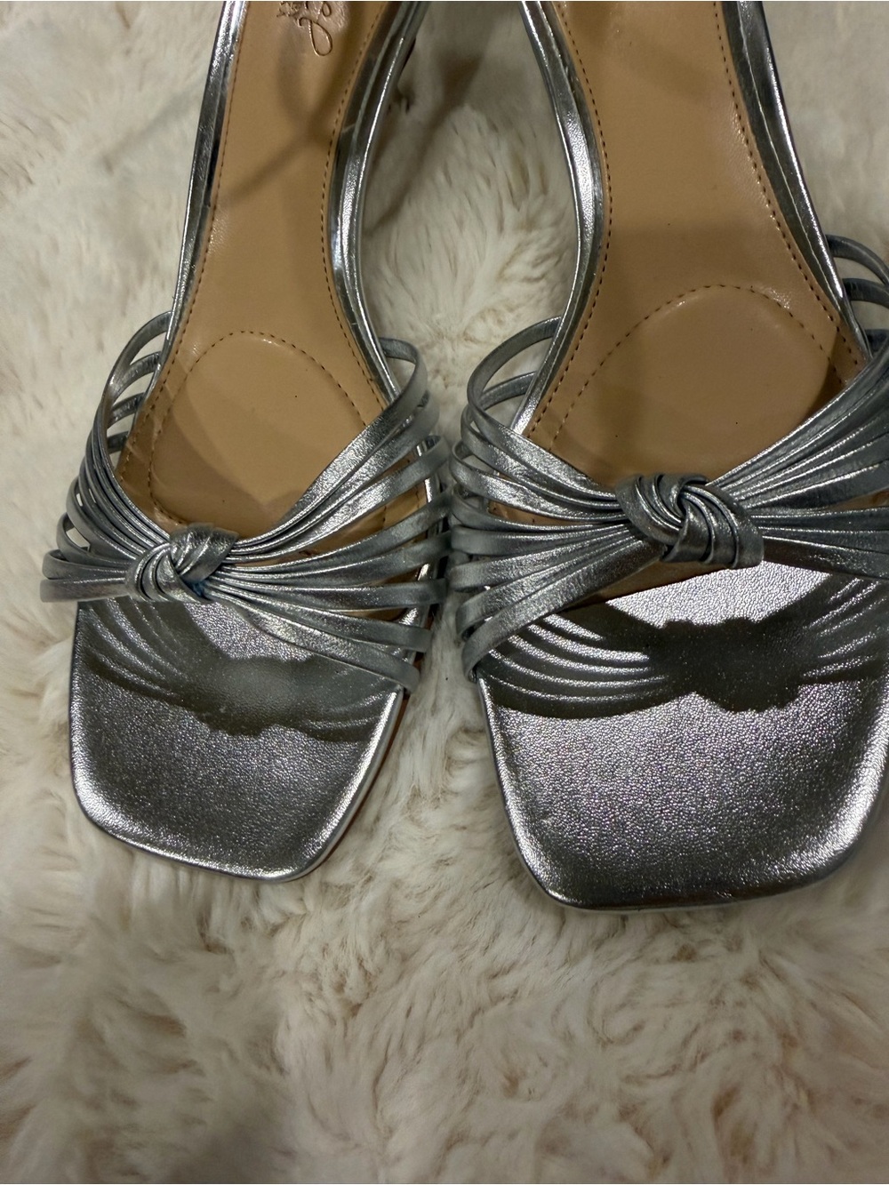 Jewel Badgley Mischka Metallic Silver Knotted Strap Heels